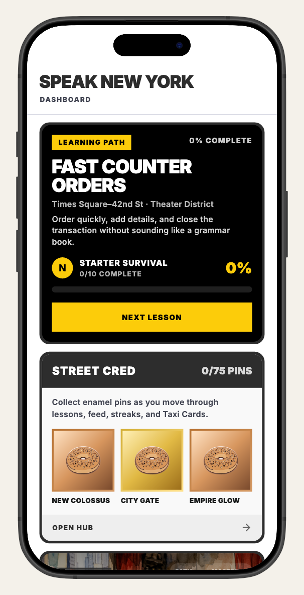 Speak New York app home screen with the next lesson and Street Cred progress.