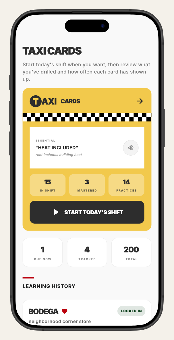 Taxi Cards hub screen.